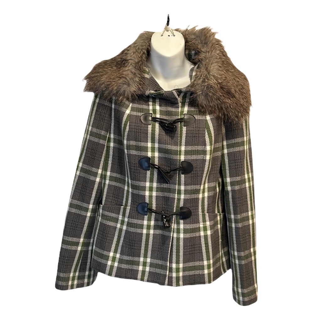 The Limited Coat w/detachable faux collar. SZ M. Plaid of gray, cream, green